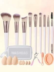 20-Piece Professional Makeup Brush Set, Full Kit Including 9 Brushes (Powder, Blush, Highlighter, Eyeshadow), 5 Beauty Sponges, 2 Puff Pads, Cleaning Bowl, Eyelash Curler, And A Portable Letter-Pattern Makeup Bag – A Complete Makeup Tool Set - Multicolor - View 1