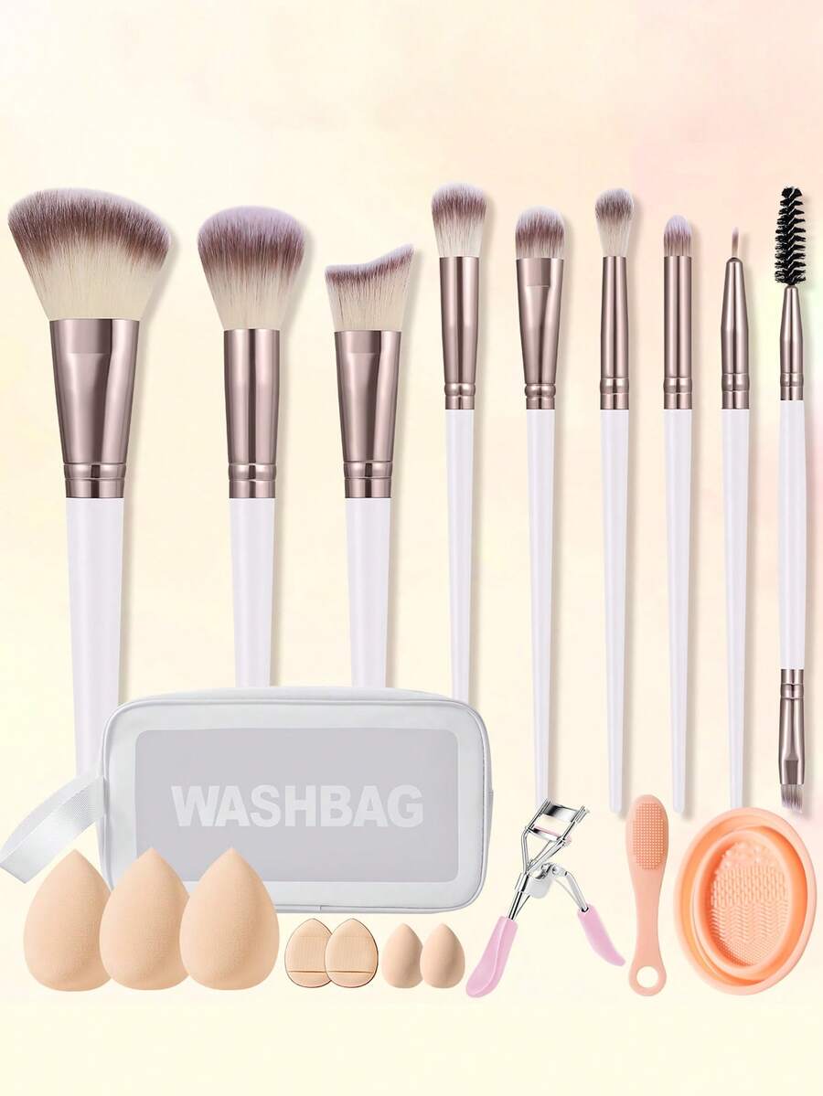 20-Piece Professional Makeup Brush Set, Full Kit Including 9 Brushes (Powder, Blush, Highlighter, Eyeshadow), 5 Beauty Sponges, 2 Puff Pads, Cleaning Bowl, Eyelash Curler, And A Portable Letter-Pattern Makeup Bag – A Complete Makeup Tool Set - Multicolor - View 1