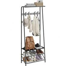 Coat Rack With Shoe Storage And Bench, Shoe Rack And Coat Rack – Hallway Bench With 5 Hooks, Multifunctional Wood-Grain Hallway Storage Rack With Metal Frame - Black - View 9