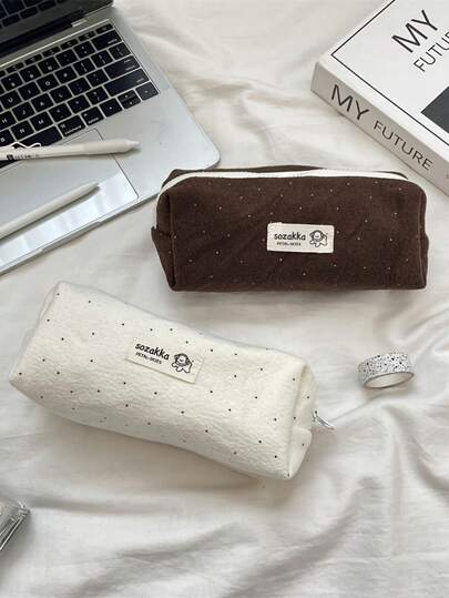 1pc Fashionable Spacious Felt Pencil Case With Polka Dot Pattern, Available In 4 Colors, Ideal For Students To Store Miscellaneous Items