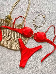Nuevo bikini sexy y casual de mujer de color rojo sólido con diseño de estrella de mar, adecuado para la playa, vacaciones, fiestas y citas en /verano - Rojo - Ver 1