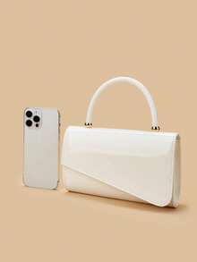 Women's Fashion Solid Color Patent Leather Clutch Bag, Decorated With Metal Accents, Flap Design, PU Material, Chain Shoulder Strap, Suitable For Formal/Party Occasions Like Gala, Ball Or Prom - White - View 6
