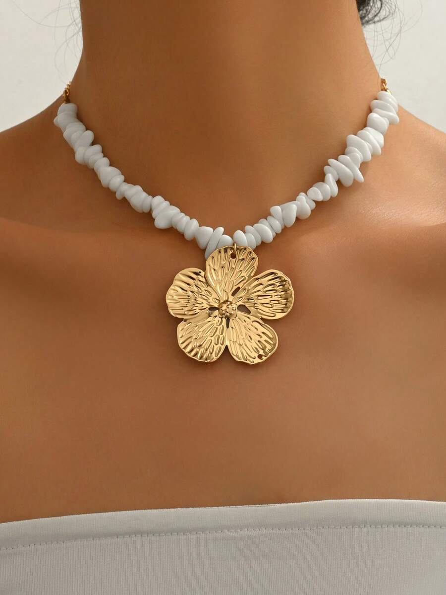 1条波西米亚风白色串珠项链，独特设计的合金花朵吊坠颈链，时尚百搭的女士饰品，适合日常佩戴、旅行、音乐节、派对等场合。 - 彩色 - 查看 1