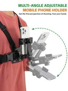 Kit de suporte de telemóvel com correia de peito ajustável, suporte de peito versátil para telemóvel para gravação POV/Vlog, pesca, ciclismo, suporte de câmara corporal, arnês de transmissão ao vivo ao ar livre, compatível com iPhone etc., acessórios para telemóvel, equipamento de filmagem - Preto - Ver 5