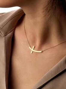 1pc 18K Gold Plated Stainless Steel Women's Cross Necklace, Personalized Side Cross Necklace, Christian Gift, Gift For Her - Gold - View 7