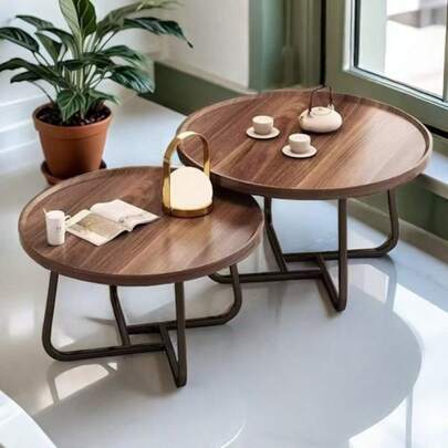 Juego De 2 Mesa De Centro Auxiliar Redonda Madera Para Sala Marrón Claro
