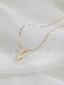 2pcs Fashionable Casual Gold Double Cross Pendant Layered Gold Chain Necklace, Suitable For Women's Daily Wear - Yellow Gold - View 1
