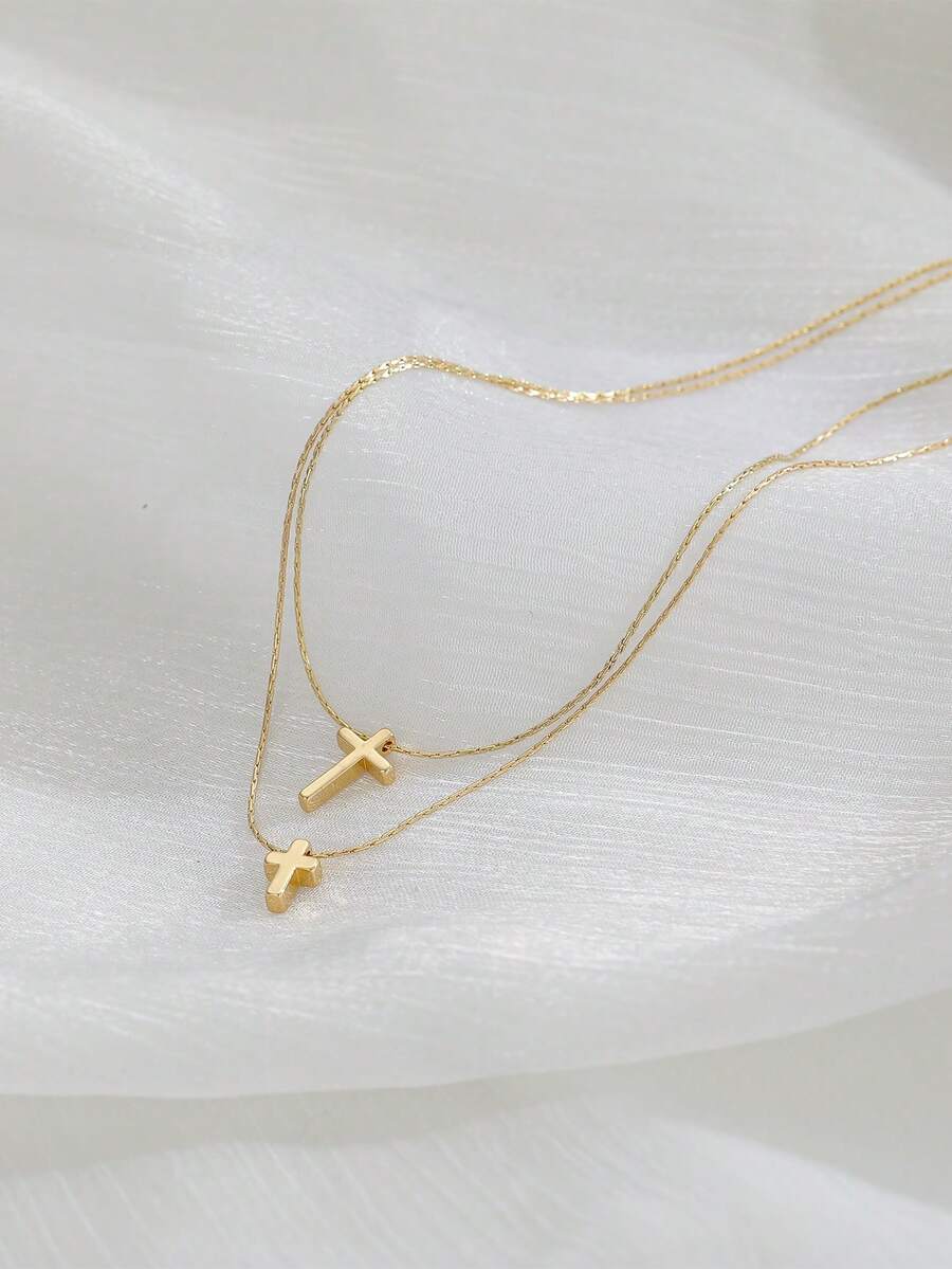 2pcs Fashionable Casual Gold Double Cross Pendant Layered Gold Chain Necklace, Suitable For Women's Daily Wear - Yellow Gold - View 1