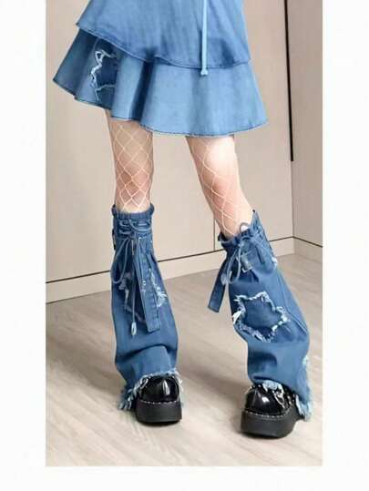 Y2K Star Embroidered Punk Tie-Up Distressed Denim Flare Leg Warmers, Retro Summer Subculture Stacked Leg Warmers