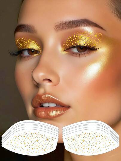 6张金色眼部纹身贴纸，闪光眼线纹身，星星眼影贴纸，防水眼妆贴纸，女士化妆派对礼品，节日舞会狂欢节情人节配饰