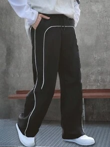 Pantalones rectos con cordón y bolsillo de moda casual de calle para niños preadolescentes en primavera/verano - Negro - Ver 3