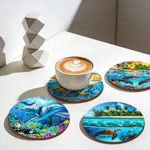 4pcs Wooden Sea Turtle Coasters, 4 Inch Heat-Resistant Non-Slip Drink Mats, Charming Beach Theme, Waterproof Insulation Pads For Cafe, Office, Kitchen And Dining, Holiday Home Decor, Birthday And Holiday Gifts For Friends And Family, 2D - Multicolor Coasters - View 2