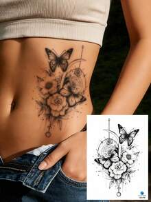 STARTTOOS Black Floral Arm Sleeve Temporary Tattoo - Y2K Girl Rose Peony Butterfly Tiger Head Pattern, Suitable For Arms, Thighs, Chest, Waist, Back, Shoulders, Neck, Collarbones, Waterproof & Realistic, DIY For Carnival, Valentine's Day, Party Gifts - Black - View 6