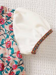 少女清新甜美时尚公主风数码印花拼接缎带泡泡袖连衣裙 - 杏色 - 查看 4