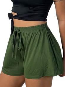 Women's Loose Fit High-Waisted Shorts - New Viscose/Lycra Knit - Brisa - 獵人綠 - 查看 1