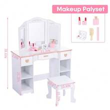 Vanidad para niños con Espejo de Tres Pliegues, Mesa de Cambiador y Taburete para niñas pequeñas, Maquillaje para niños con cajón y estantes Abiertos para niñas de 3 a 9 años, Color Blanco - Blanco - Ver 2