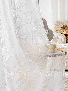 1件法式白色薄纱窗帘，带有3D浮雕叶子刺绣图案，遮光，适用于卧室、客厅、阳台 - 白色 - 查看 10