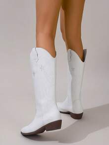 White Embroidered Asymmetrical Chunky Heel Round Toe Cowboy Boots, Versatile For Commuting, Office, Vacation, Bohemian Style For Women - White - View 5