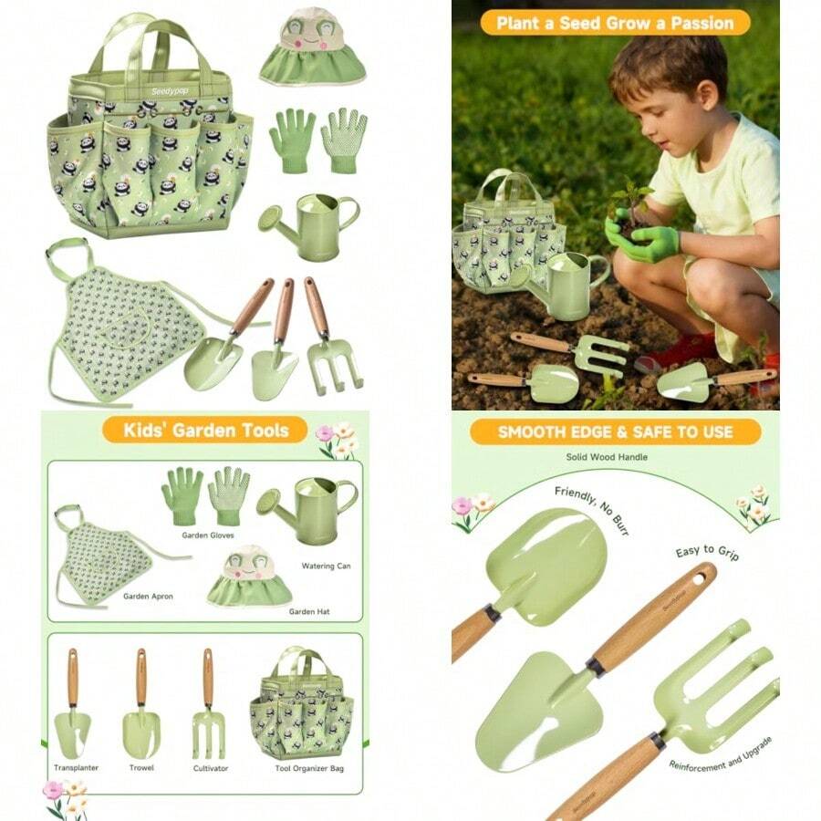 Seedypop Gardening Tool Set Toys - 8 Pieces Quality Garden Kit For Toddlers With Shovels Rake Watering Can Hat Apron Gloves Storage Bag GreenChildren's Growth Games, Fun And Joyful, Essential For Childhood - Green - View 1
