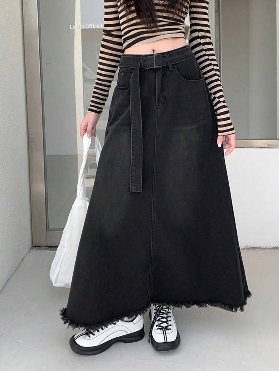 A字型高腰牛仔裙，时尚鱼尾连衣裙 - 黑色 - 查看 1