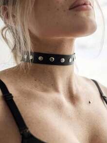 1pc Women's Punk Style Adjustable Black Faux Leather Choker Necklace, Metal Splice Collar Necklace Suitable For Carnival Party Or Cosplay - Black - View 3