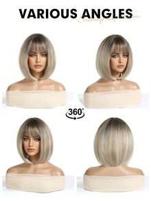 1pc Short Wavy Synthetic Hair Wig With Bangs, Natural Black Color, For Women - Blonde Ombre - View 7