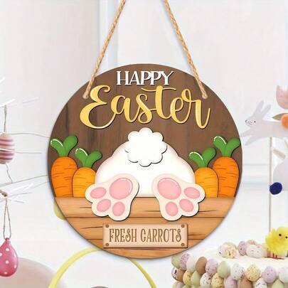 Placa colgante de madera con diseño plano 2D de huella de pata de conejo de Pascua | Diseño artesanal con apariencia de madera y patrón de zanahoria | Decoración rústica redonda para la pared | Con los temas "Feliz Pascua" y "Zanahoria fresca" | Decoración colorida para exteriores en porche y hogar | No necesita electricidad, accesorios de conejo, plano 2D, decoración de dormitorio, decoración de jardín, regalo pensado para familia, amigos, vecinos, adecuado para todas las festividades, Ramadán, Pascua