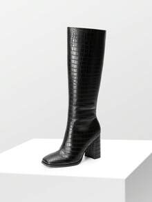 Women's Chunky Heel Go-Go Boots - Square Toe Knee High Side Zip Tall Boots For Casual, Retro, Party - màu đen - Xem 8
