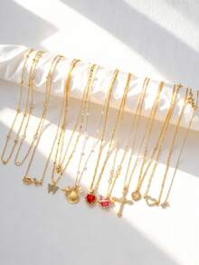 1-11pcs/Set Fashionable Y2K Crystal Heart, Butterfly, Rose Pendant Necklace, Boho Shell, KPOP Shiny Necklace Set, Women Jewelry Gift For Valentine's Day Party - Yellow Gold - View 3