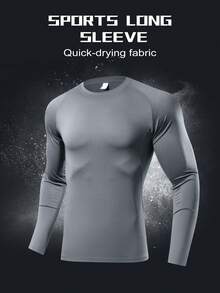 1pc Men's Compression Long Sleeve Fitness Top, Tight Core Workout Base Layer Spring - Grey - View 3