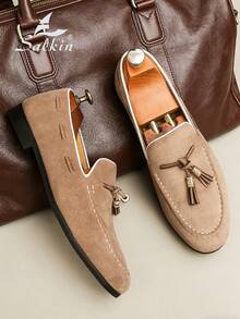 Salkin 复古设计师男士套脚乐福鞋，流苏绒面软皮鞋，绅士平价奢华之选，现代生活之选。简约商务正装鞋，男士日常办公派对婚礼鞋，情侣约会、浪漫晚餐、节日礼物、返校学生鞋，学院风，建议选择大一码。 - 米色 - 查看 4