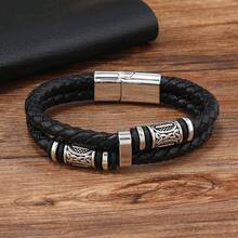 1 pieza Pulsera de cuero negro, pulsera de doble capa con cierre magnético de cuentas, accesorio de moda para hombres - Pulsera - Ver 4