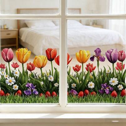 Naklejka na okno z motywem tulipanów i stokrotek – kolorowa, wiosenna naklejka z motywem kwiatów i stokrotek, samoprzylepna, zdejmowana, odpowiednia do dekoracji okien i szyb, jasna i radosna naklejka do domu w stylu wiejskim
