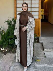 2pcs Hollow Lace Kimono Robe & Satin Slip Dress Set, Shell Pattern Lace Robe, Suitable For Various Occasions - Khaki - View 2