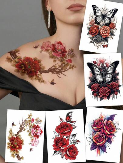STARTTOOS Colorful Large Floral Arm/Half Sleeve Temporary Tattoo - Watercolor Gradient Sexy Rose Peony Butterfly Design, Suitable For DIY Anime Convention, Carnival, Music Festival, Valentine's Day, Party Holiday Gift, Waterproof Realistic Tattoo Sticker For Sexy Thigh, Chest, Abdomen, Back, Shoulder, Collarbone