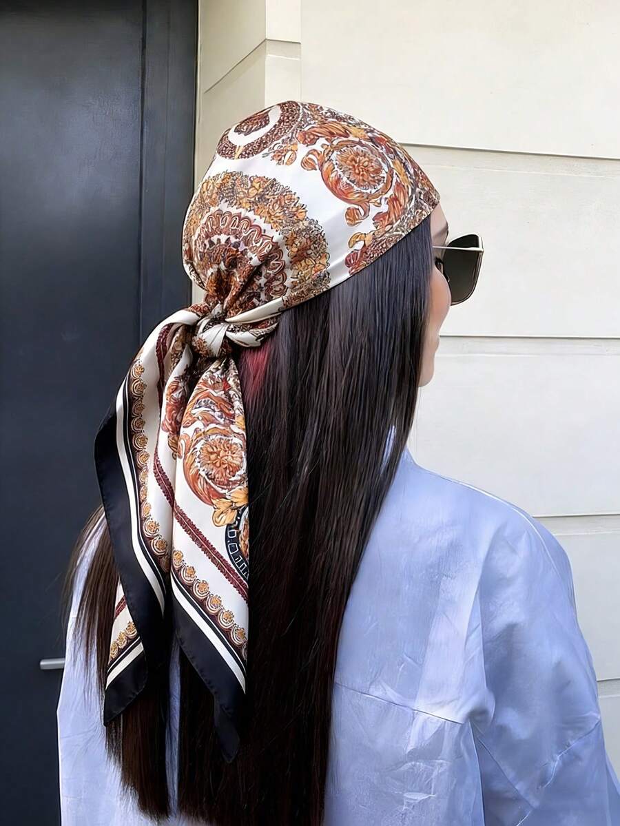 1条波西米亚复古佩斯利宫廷碎花真丝方巾，轻盈透气，适合女士休闲和户外活动，春夏时尚发饰，优雅发带，假日、旅行、节日、派对必备。 - 白色 - 查看 1