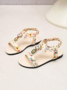 1双女士米色印花图案套脚凉鞋，亮面PU材质，圆头，防滑软底平底凉鞋，适合3-15岁女孩日常穿着，上学、散步、生日派对、旅行皆宜，2026春夏新款。 - 米色 - 查看 6