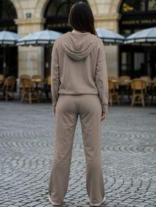 Conjunto De Doble Pieza Con Diseño Minimalista Relajado Versátil Y Corte Amplio Cómodo Con Ajuste Suelto Moderno Para Mujer - Beige Rayas - Ver 4