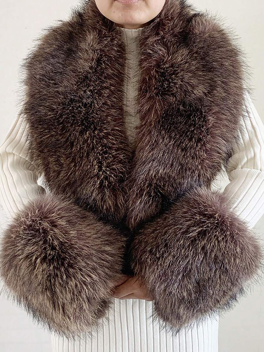 3pc Fabric Elegant None Fur Collar And Cuffs Autumn And Winter - Cà phê nâu - Xem 1