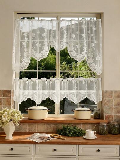 1 Set 2pcs White Lightweight Sheer Lace Curtains With Floral & Butterfly Patterns - Semi-Transparent Half Curtain, Rod Pocket Design, Suitable For Bedroom, Living Room, Kitchen, Bathroom And Wardrobe Decor, Living Room Curtains | Room Decor