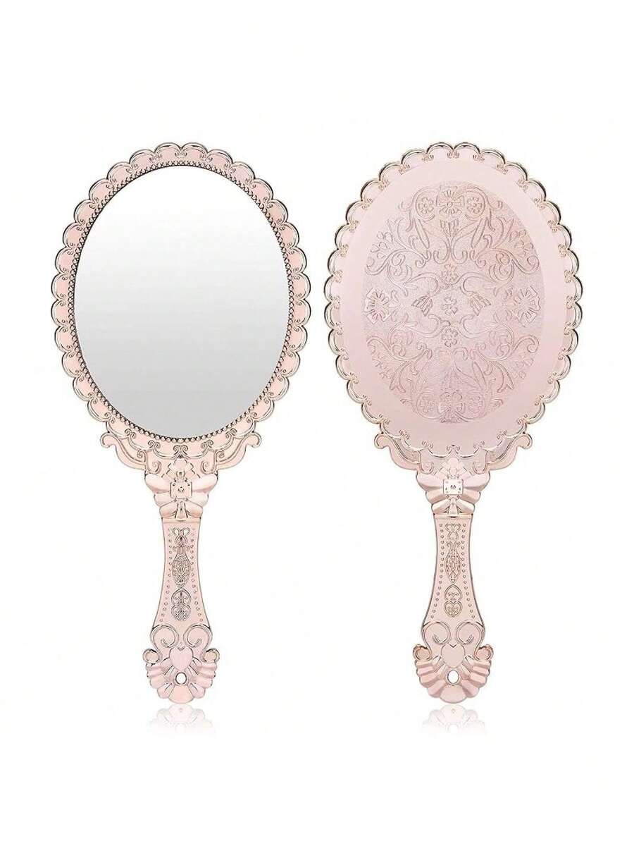 Vintage Handheld Mirror Makeup - 2 Pack Travel Handle Mirrors Women Gold Embossed Flower Portable Princess Mirror Tabletop - 粉色 - 查看 1