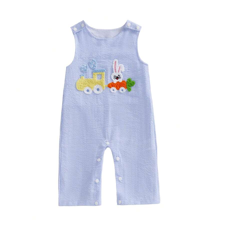 Toddler Girls Boys Clothes Ovrealls Rompers Easter Clothes Rabbit Carrot Embroidered Sleeveless Baby Bodysuits Jumpsuits - Baby Blue - View 1