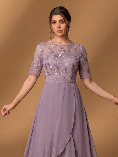 Faeriesty Elegant Gray-Pink Long Dress, Silver Embroidery, Sheer Floral Cuffs, Asymmetric Ruffle Hem, Suitable For Beach Weddings, Garden Parties, Formal Dinners, Galas And More