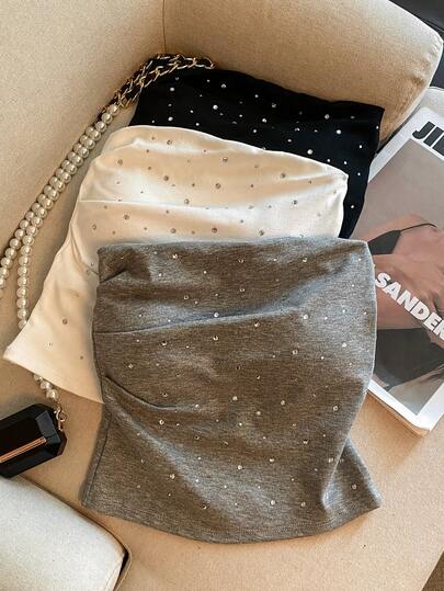 女士优雅休闲魅力性感简约清新日常通勤百搭修身褶皱抹胸上衣 夏季