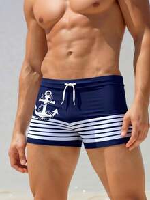 Men's Nautical Anchor & Striped Print Swim Trunks - Drawstring Waist Beach Shorts, Suitable For Beach, Pool - Multicolor - View 5