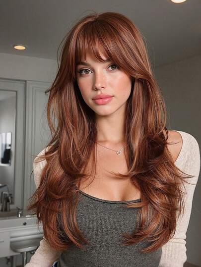 26英寸蓬松波浪脏橙色假发，带整齐刘海；合成编织化纤假发，仿真发；优雅日常佩戴，完美适用于约会、派对、拍照、角色扮演、社交聚会和生日等场合。