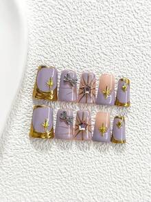 10pcs Dreamy Sweet Style Nail Gel Manicure Set, Acrylic Pressed Nails, Purple Glitter 3D Star, Golden Starlight, Square Nail Decor, Hand-Painted Golden Edge Design, Purple Nail Polish, Romantic French Style, Includes Nail Tools (1 Jelly Sticker + 1 Nail File) 3 Sizes Available: Almond, Duck Mouth, Coffin Handmade Press On Nails - 彩色 - 查看 12