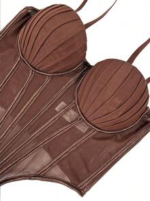 Women's Brown Cropped Camisole, Casual Backless Tank Top With Padded Bra, Mesh Skeleton Bodysuit For Party - Dark Brown - View 2