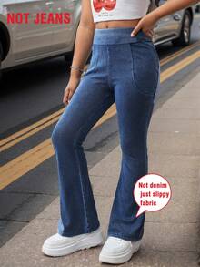 女童牛仔印花弹力腰喇叭裤，时尚休闲透气，百搭实用，适合春夏外出和旅行 - 藍色 - 查看 3