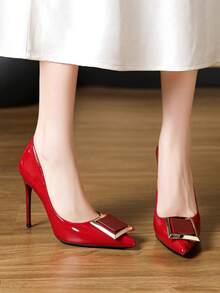 Zapatos de tacón alto de charol francés para mujer Zapatos planos sensuales negros con tacón de aguja y punta afilada para mujer - Rojo - Ver 2